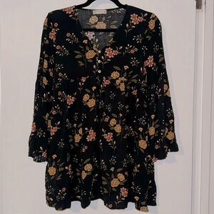 ALTAR’D STATE YELLOW FLORAL BLACK DRESS 🌼 Long Flare Sleeves and Empire Waist